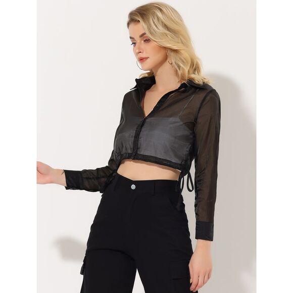 See Through Top Long Sleeve Cropped Mesh Sheer Jacket Black - Picture 3 of 5